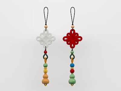 Chinese Knot Pendant with White Red Design and Colorful Beads on Black Cord 3d model