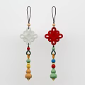 Chinese Knot Pendant with White Red Design and Colorful Beads on Black Cord