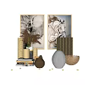 Modern Decorative Ornament Set With Wall Art Gold Vases Dried Plants And Books