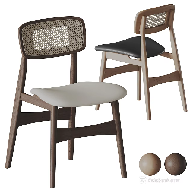Modern Minimalist Dining Chairs With Wooden Frame Rattan Back And Beige Black Seats 3d model 