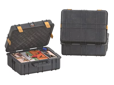 Open And Closed Black Hard Shell Weapon Cases With Yellow Latches And Tools Inside 3d model