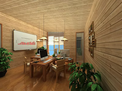 Public Office Space With Wooden Decor Whiteboard Charts Green Plants Hanging Lights And Natural Light 3d model
