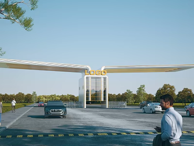Modern Entrance Gate With Golden LOGO on Top Surrounded by Trees Cars and Blue Sky 3d model