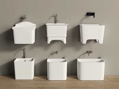 White Bathroom Washbasins In Various Styles Including Wall Mounted And Floor Standing 3d model