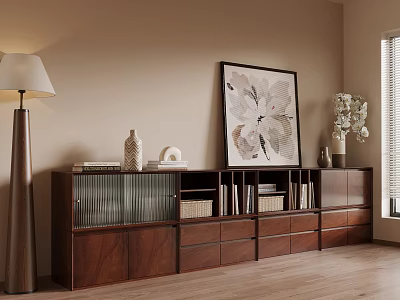 Modern Wooden Bookcase With Glass Doors Drawers And Open Shelves For Living Room Interior 3d model