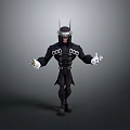 Cartoon Character In Black Costume With Horned Mask Metal Accents And Outstretched Hands