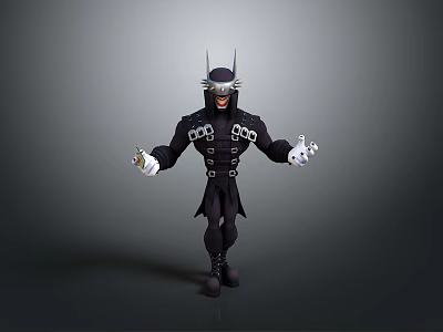 Cartoon Character In Black Costume With Horned Mask Metal Accents And Outstretched Hands 3d model