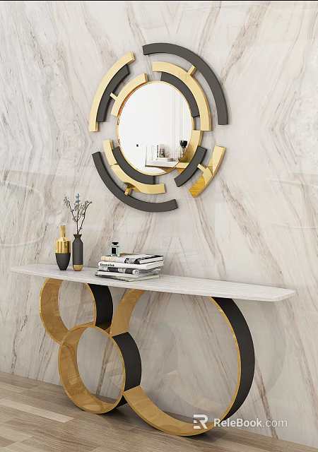 Modern Console Table With Marble Top Gold Black Legs And Circular Geometric Mirror 3d model