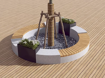 Circular Wooden and Stone Outdoor Chair with Planter Boxes Plants Rope Wrapped Pole on Deck 3d model