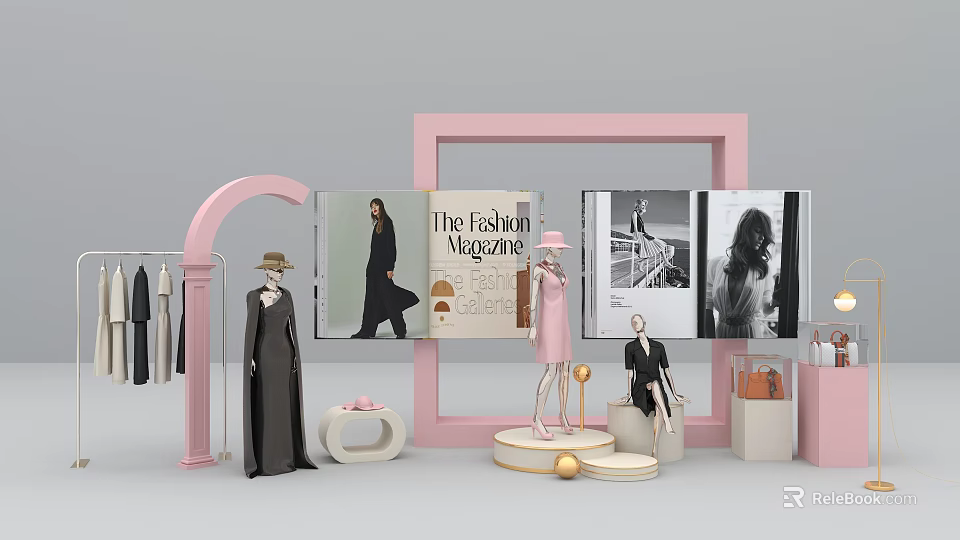 Modern Fashion Display With Mannequins Clothes Pink Frames And Magazine 3d model 