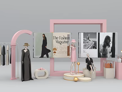 Modern Fashion Display With Mannequins Clothes Pink Frames And Magazine 3d model