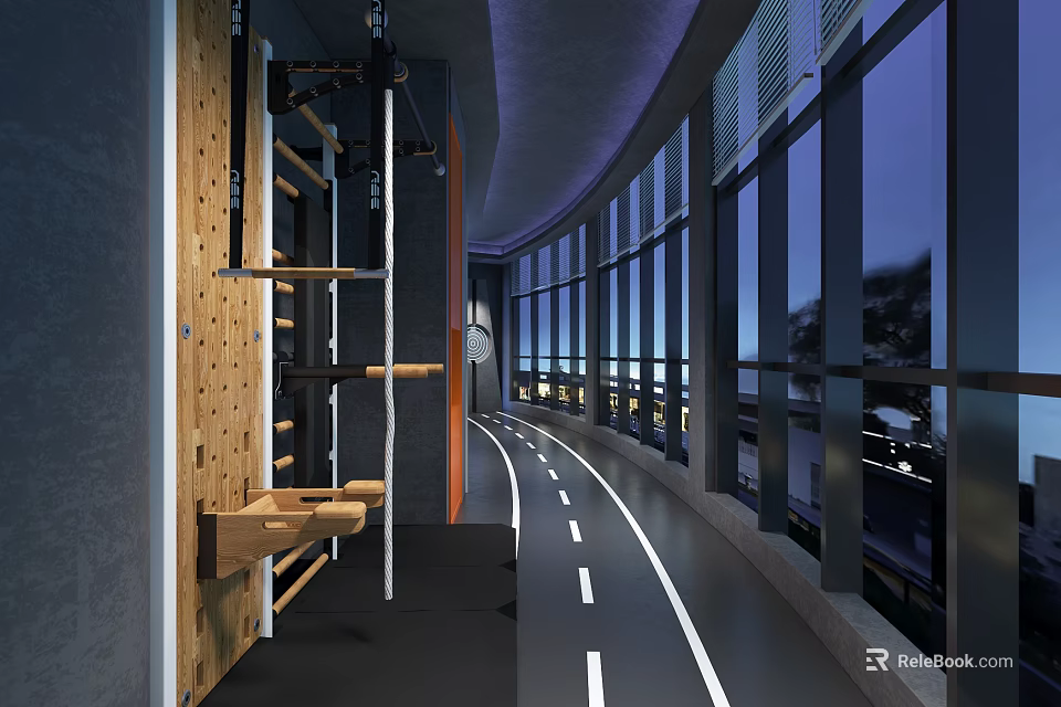 Modern Sports Fitness Center With Indoor Running Track Climbing Frame And Large Windows 3d model 