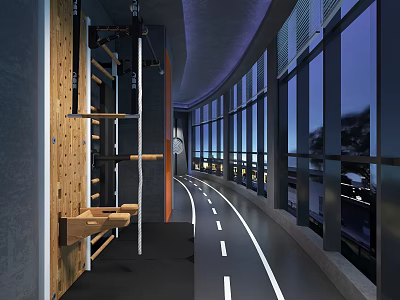 Modern Sports Fitness Center With Indoor Running Track Climbing Frame And Large Windows 3d model
