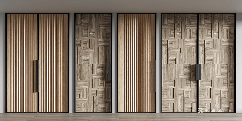 Modern Interior Wooden Double Doors With Vertical Slats And Geometric Panel Patterns 3d model