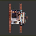Multi Level Industrial Building with Towers Platforms Tracks and Colorful Details