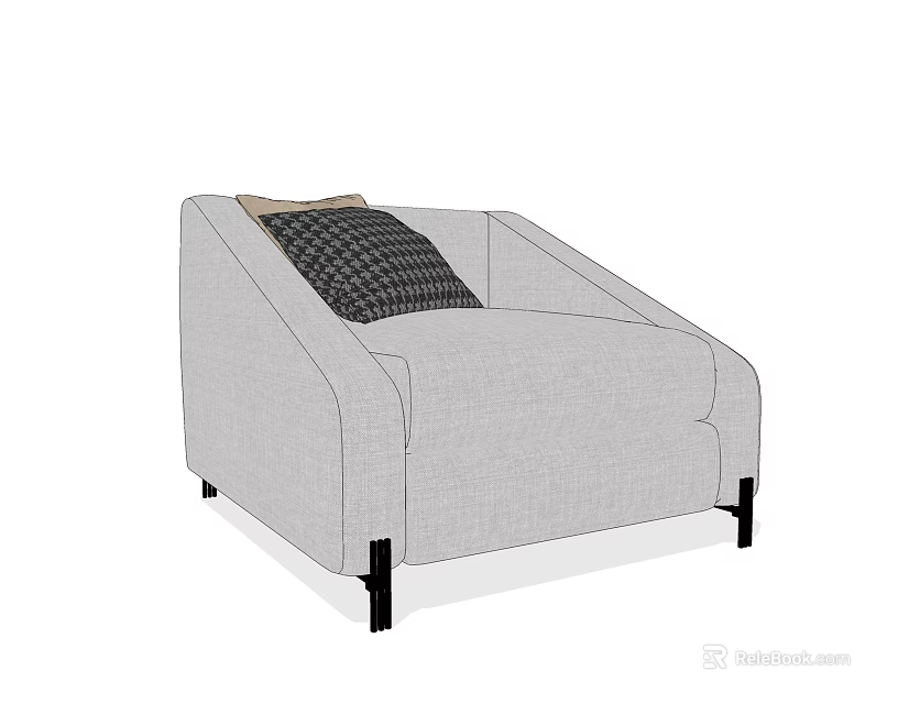 Light Gray Upholstered Single Sofa with Plaid Pillow and Black Legs 3d model