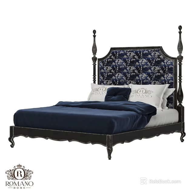 Classic Double Bed With Blue Floral Headboard Black Carved Frame And Navy Blue Bedding 3d model 