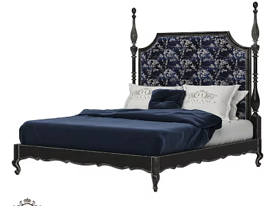 Classic Double Bed With Blue Floral Headboard Black Carved Frame And Navy Blue Bedding 3d model