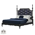 Classic Double Bed With Blue Floral Headboard Black Carved Frame And Navy Blue Bedding