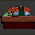 Vibrant Sushi Rolls On Red Wooden Plate With Green Wasabi And Leaf