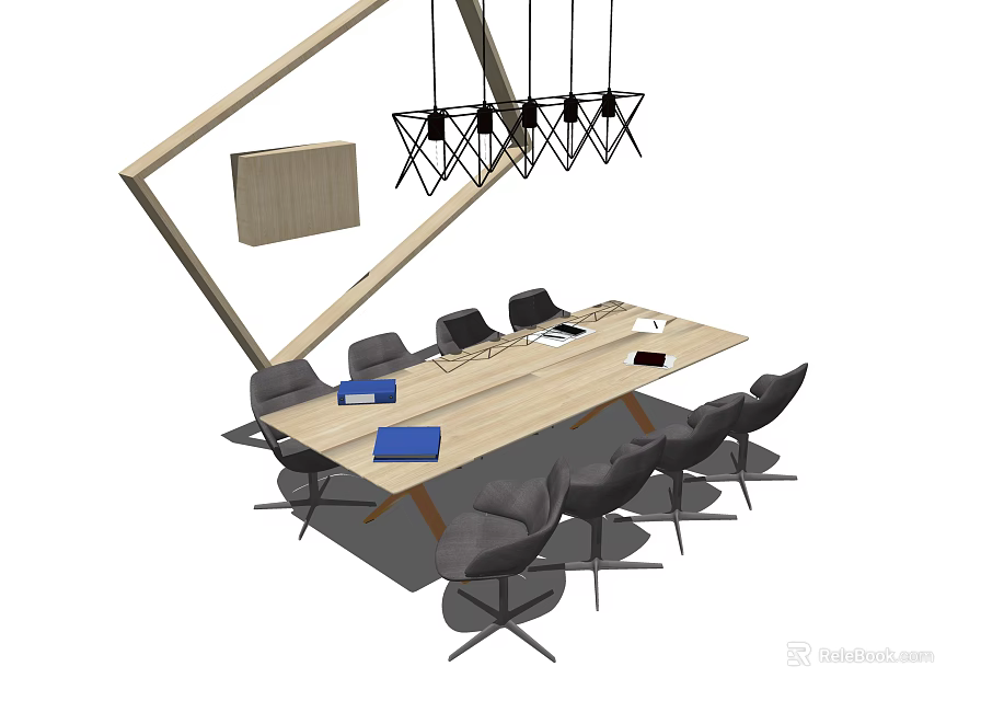 Wooden Conference Table With Modern Chairs Laptop Documents And Pendant Lights 3d model 