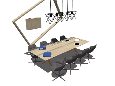 Wooden Conference Table With Modern Chairs Laptop Documents And Pendant Lights 3d model