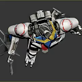 Game Movie Character Mech Warrior With Yellow Horn Blue White Gray Holding Spear Red Accents