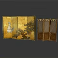 Japanese Folding Screens With Golden Background Crane Pine Design And Wooden Frame Beige Fabric