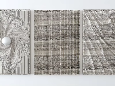 Three Panel Abstract Wall Decor With Spiral Pattern Striped And Folded Textures In Grey Tones 3d model