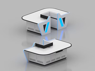 Modern Control Room Console With White Surface And Blue Accent Lighting 3d model