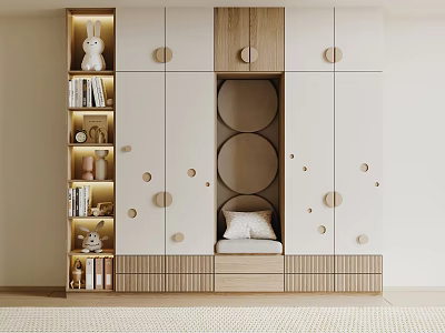 Modern White And Wooden Wardrobe With Circular Accents Central Alcove Cushion And Side Storage Shelves 3d model