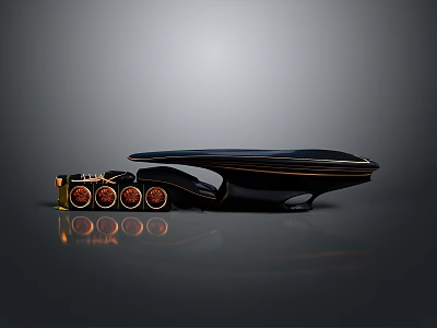 Futuristic Black Streamlined Vehicle With Golden Circular Wheels And Glossy Reflective Surface On Grey Background 3d model