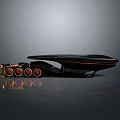 Futuristic Black Streamlined Vehicle With Golden Circular Wheels And Glossy Reflective Surface On Grey Background