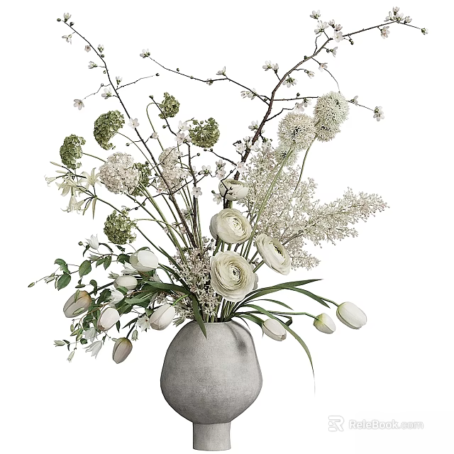 Stylish Decorative Ornament Set with Gray Ceramic Vase and Mixed Flowers for Home Decor 3d model 