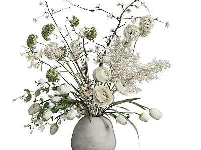Stylish Decorative Ornament Set with Gray Ceramic Vase and Mixed Flowers for Home Decor 3d model