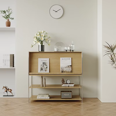 Home Decorative Cabinet with Shelves Books White Flowers Ornaments and Wall Clock 3d model