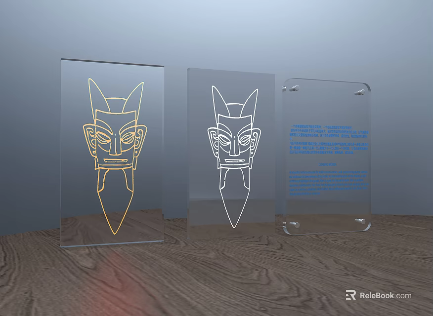 Transparent Acrylic Decorative Ornament Set With Mask Line Patterns And Text Inscription On Wooden Floor 3d model 
