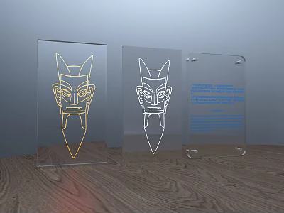 Transparent Acrylic Decorative Ornament Set With Mask Line Patterns And Text Inscription On Wooden Floor 3d model