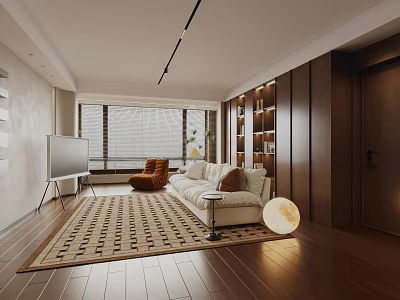 Modern Open Concept Living Dining Room With Sofa Bookshelf Rug And Floor to Ceiling Windows 3d model