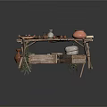 Rustic Wooden Workbench With Clay Pots Tools And Wooden Storage Boxes