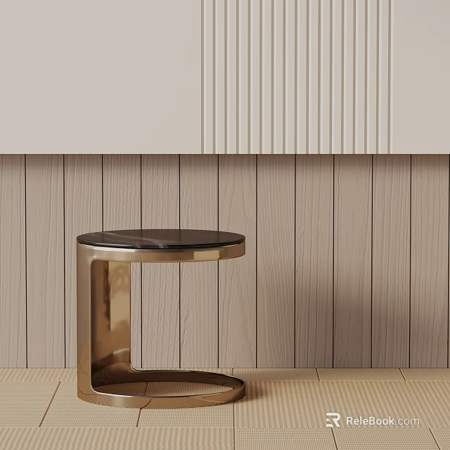 Modern Round Side Table with Black Tabletop and Gold Metal Frame Against Light Wooden Wall 3d model 