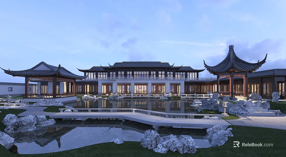 Chinese Traditional Garden Landscape Featuring Ancient Architecture Pond Rock Formations And Water Reflections 3d model 