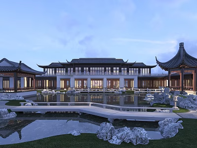 Chinese Traditional Garden Landscape Featuring Ancient Architecture Pond Rock Formations And Water Reflections 3d model