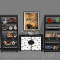 Black Storage Shelves Displaying Tea Sets Books And Decorative Items With Bamboo Painting