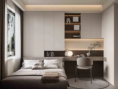 Modern Clean Bedroom Interior With White Walls Bed Desk Chair Lamp And Natural Light 3d model