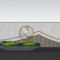Modern Stone Feature Wall With Curved Lines Circular Decoration Lighting Strips Planter And Trees Behind