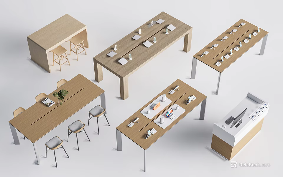 Functional Tables In Various Modern Designs With Stools And Tabletop Storage 3d model 