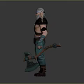 Fantasy Warrior Man With Blue Hair Beard Spiked Shoulder Armor And Weapon