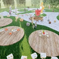 Park Landscape With Wooden Circular Platforms Tables Chairs Green Grass And Building