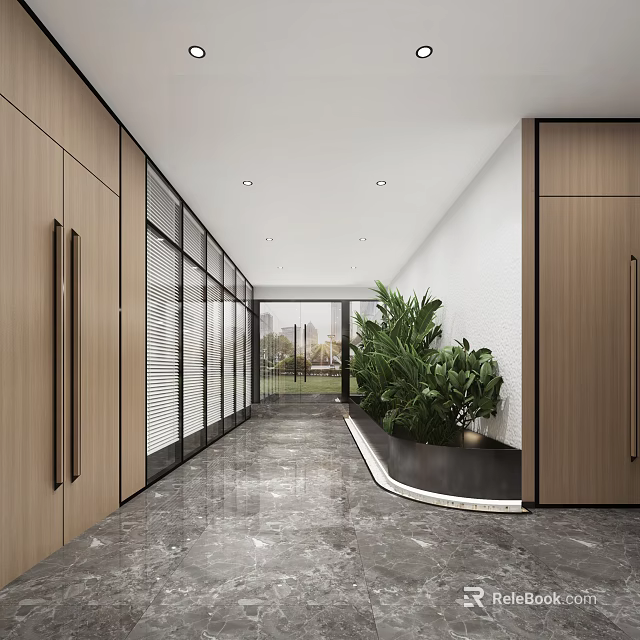 Modern Office Corridor Interior Design With Wooden Cabinets Glass Partitions Marble Flooring And Green Plant 3d model 